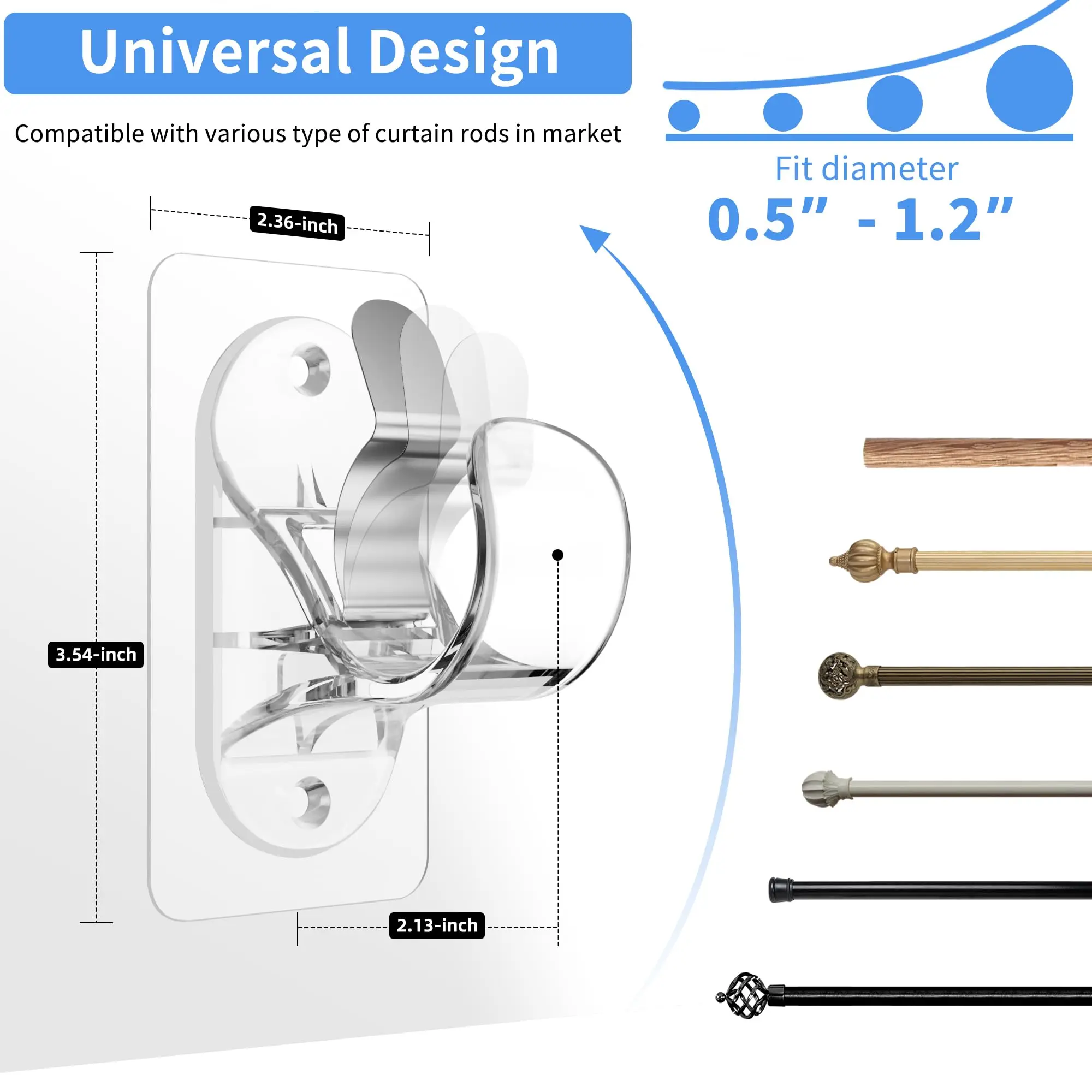 Clear Self-Adhesive Curtain Rod Bracket No Drill Easy Install