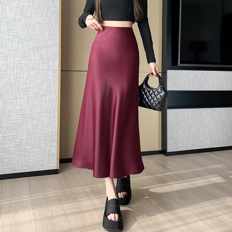 Wine Red High Waisted Draped Fit Satin Fishtail Skirt For Women 2024 Summer Slim Casual Elagant Midi Trumpet Skirt Female