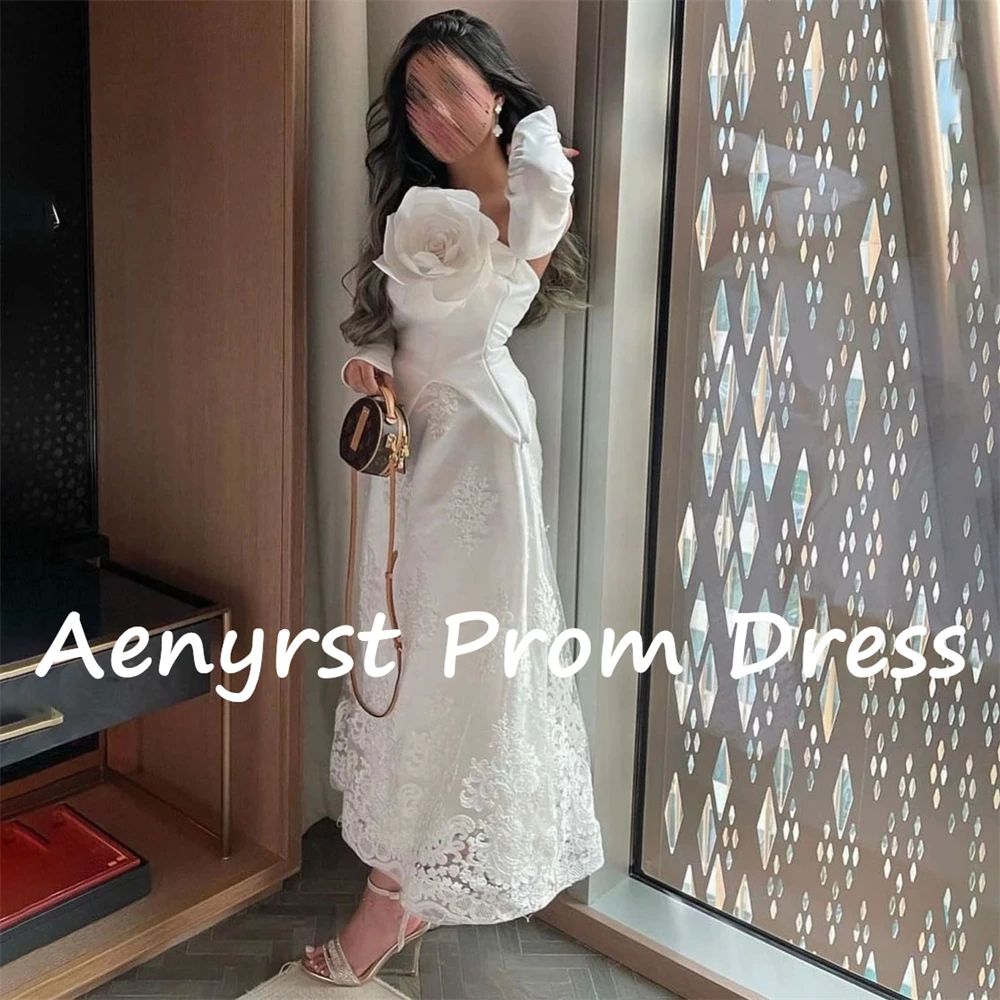 Aenyrst 3D Flowers Lace Strapless Dubai Prom Dresses A Line Long Sleeves Evening Gowns For Women Appliques Birthday Party Dress