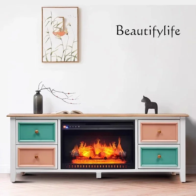 American country storage fireplace Solid wood simple household living room TV sofa heating atomization fireplace