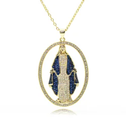 Oval Blue Our Miragulous Lady Medal Charms Cubic Zirconia Gold Color Virgin Mary Necklace for Women Catholic Pendant DIY Jewelry