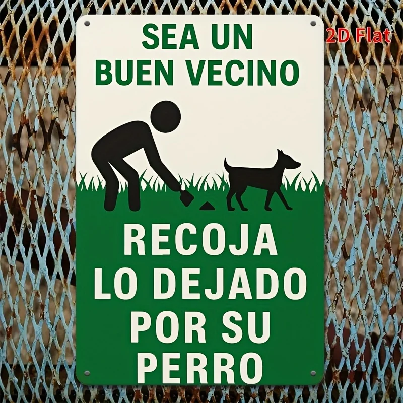 Placa de Parede Retrô Bilingue 2D Plana, 1 unidade, com Design Divertido de Dono de Cão Espanhol - "Regras de Comportamento para Animais de Estimação Bom Vizinho" (8"x12"/20x30cm)