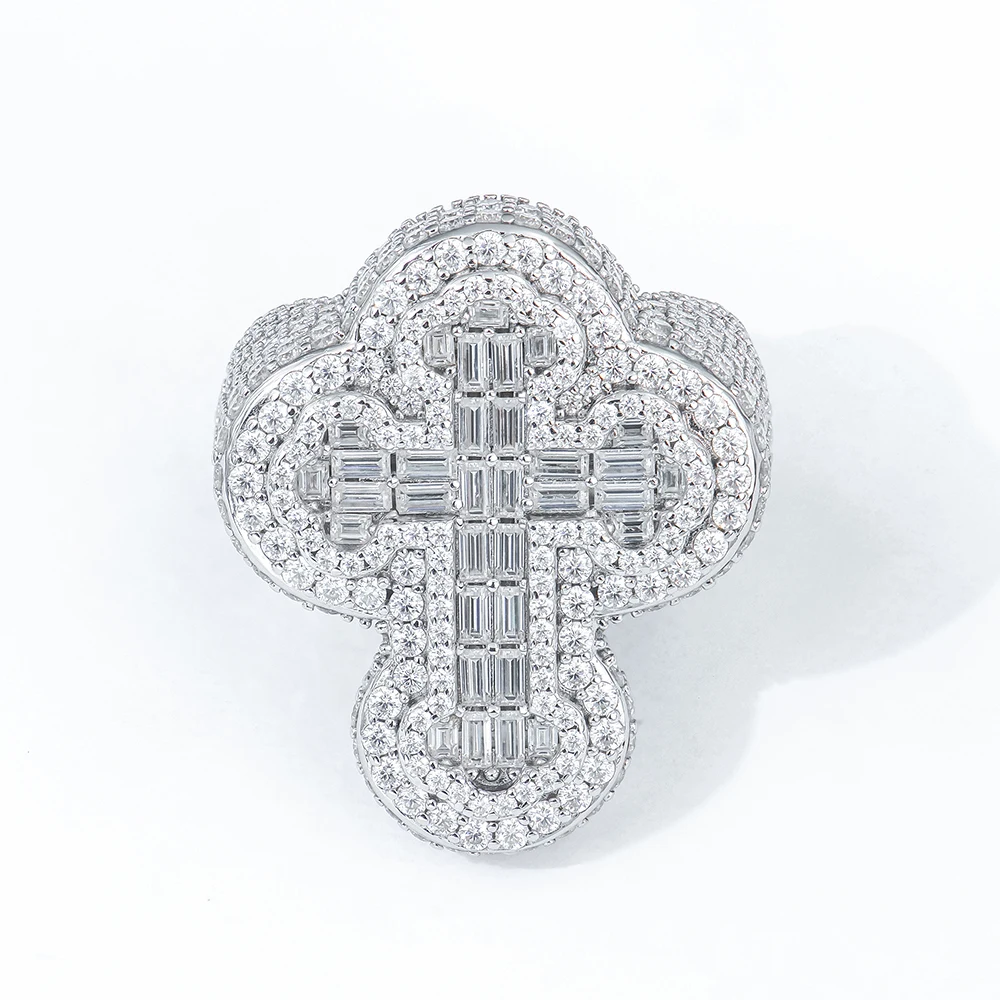 Hiphop 925 Silver Cross Design Iced out Baguette Cut Moissanite Ring Rhodium & Rose Gold Plating Options Fine Jewelry