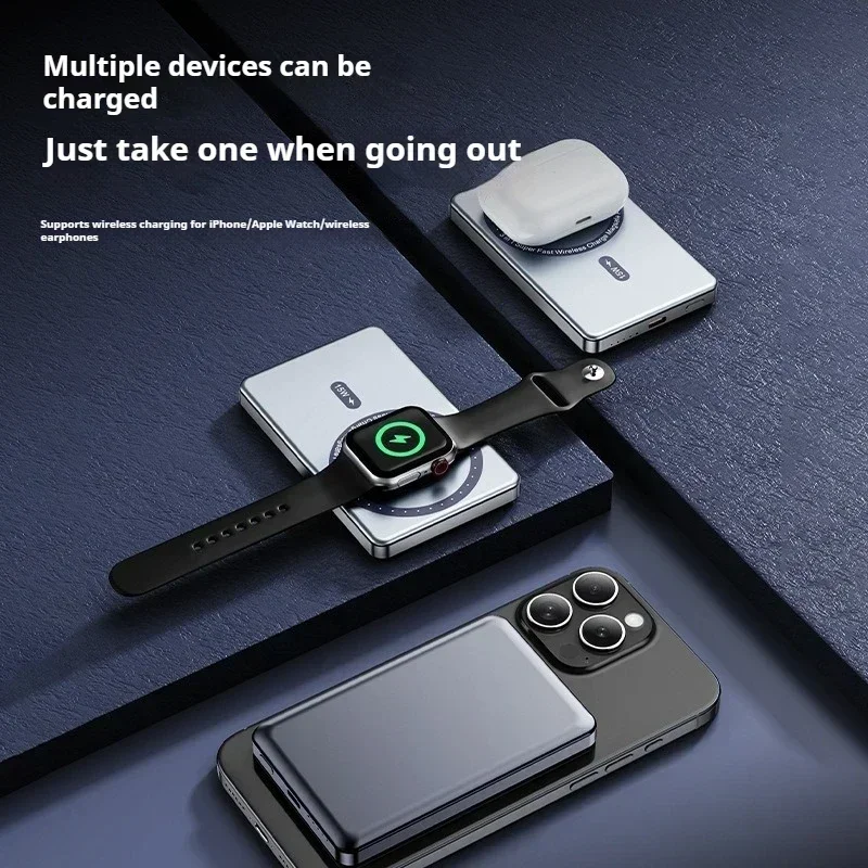 ユニバーサル50000mAhマグネット式モバイルバッテリー、PD20W急速充電、スマホ/腕時計/イヤホン対応ワイヤレス充電機能搭載