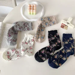 5 Pair Autumn Winter Middle Tube Socks Women Fashion Ruffle Hem Flower Print Woman Socks Cute Sweet Lolita Casual Sokken Femme