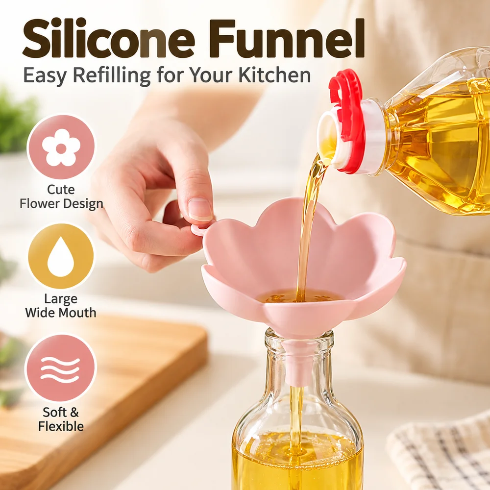 Silicone Kitchen Liquid Funnel Wide Mouth Flower Shaped Oil Funnel Liquid Refilling Oil Refilling Kitchen Tool Kitchen Use