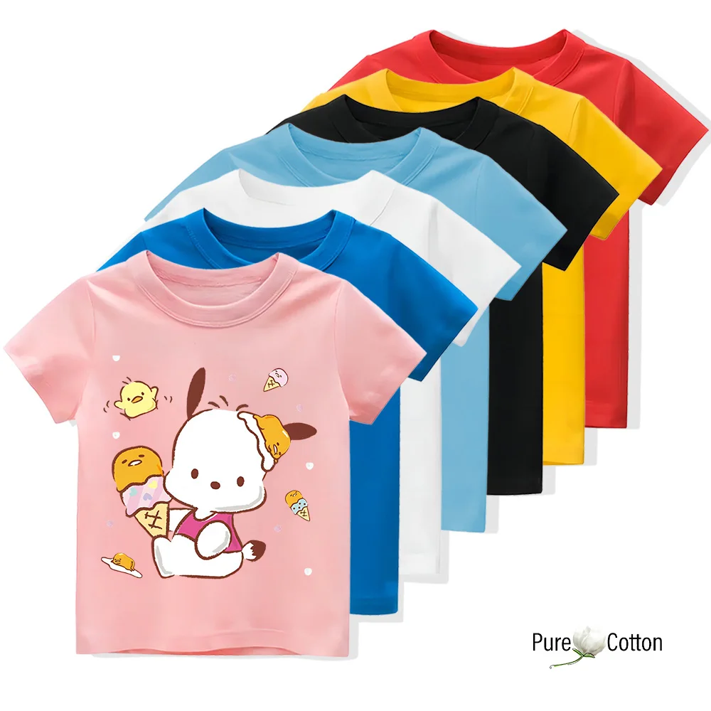 Sanrio Children's Pure Cotton T-shirt Cartoon Print Pochacco Casual Short sleeved Japanese Harajuku American Girls' Clothing