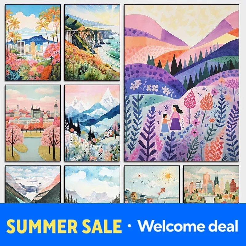 Watercolor Romantic Beach Scene Seaside Luxury Town Bridge Scenery City Poster Diamond Painting Wall Art Pictures Bedroom Deco