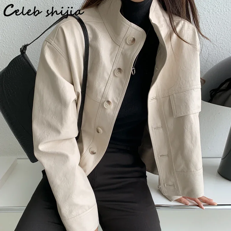 Beige PU Leather Jacket Woman Autumn Winter Streetwear Single Breasted Leather Coat Female Korean Chic Corp Jacket Stand Neck