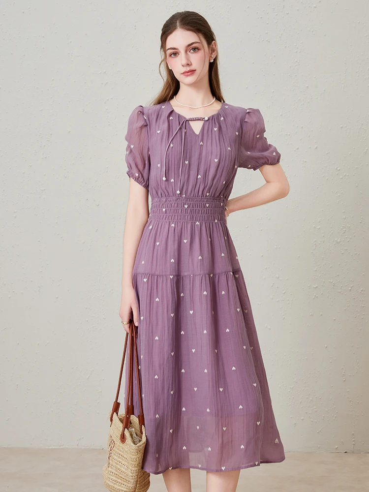 Robe mi-longue brodée de style français pour femmes, tenue de plage d'été à manches courtes et col rond, à la mode, violette, INKEO 5D220, 2025