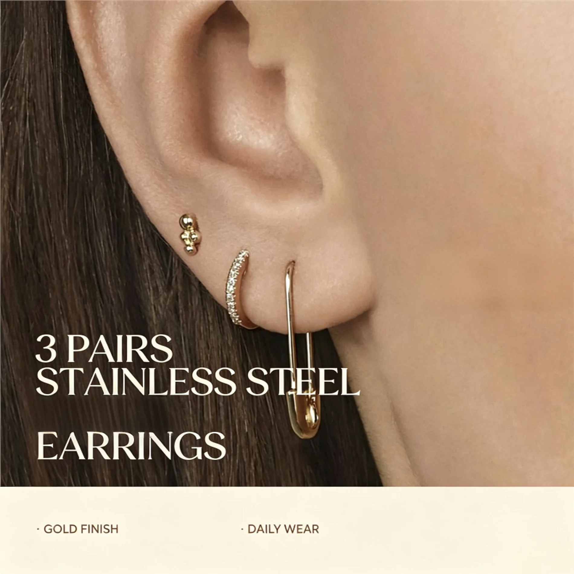 Wholesale 3 Pairs Safety Pin Hoop Earrings Stainless Steel Gold Plated Unique Paperclip Dangle Ear Jewelry Set For Women