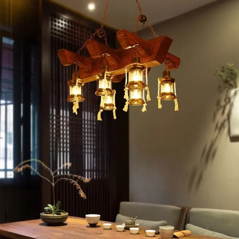 American Retro Industrial Style Chandelier Glass Solid Wood Iron Restaurant Bar Coffee Shop Boat Wood Decoration Pendent Lamp