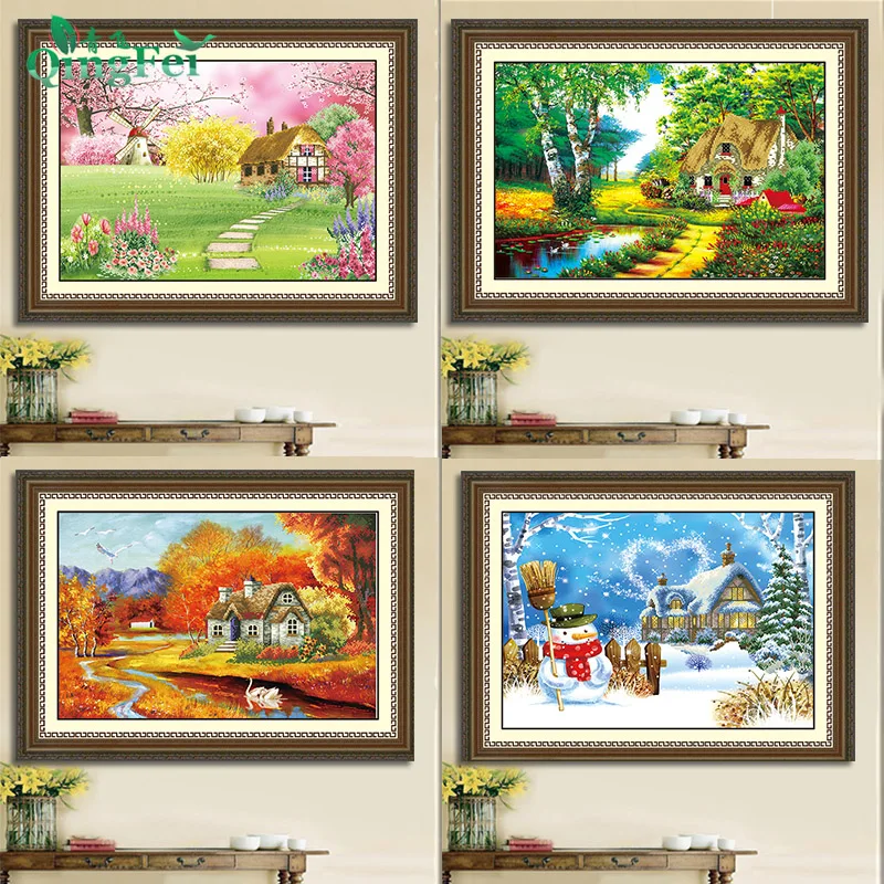 

Набор для вышивания крестиком Precision 5D 3D, новая версия, осенне-зимний пейзаж для гостиной, хлопковая ткань, белый цвет, корейское производство