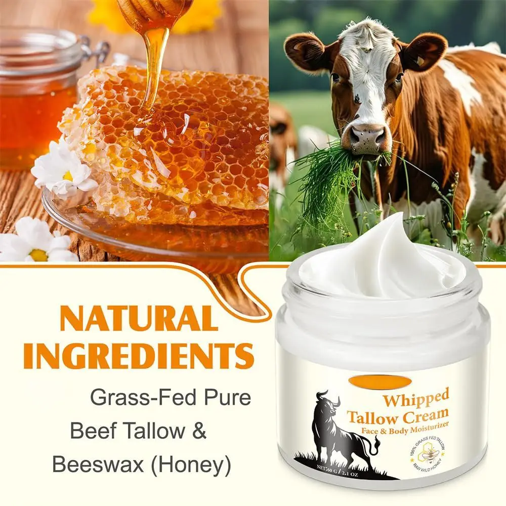 

60ml Original Tallow and Honey Balm Coconut Oil Moisturizing Beef Tallow Cream Cold Pressed Whipped Tallow Honey Balm Skin Care