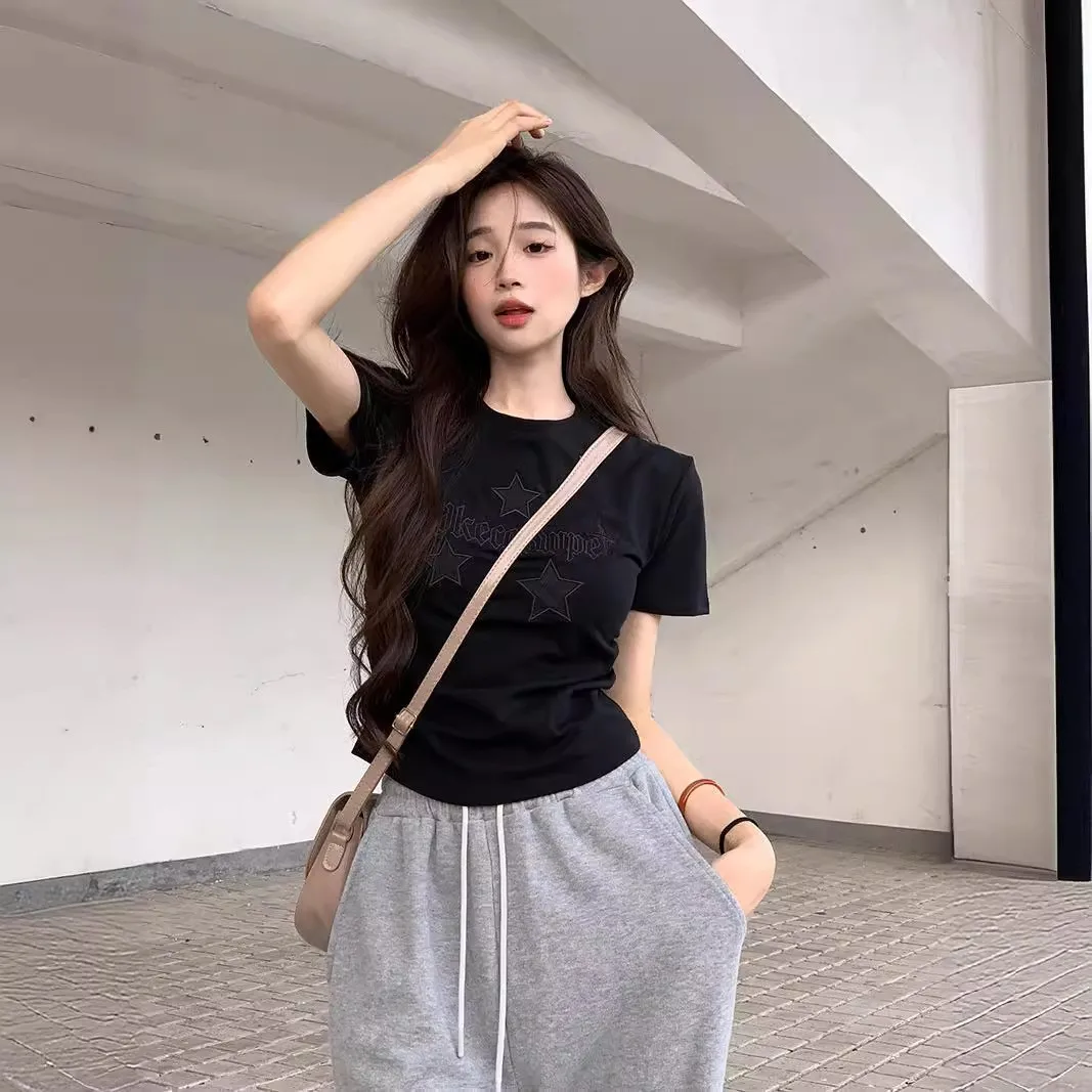 Original Star Embroidery Korean Sle ort Sve round Ne T-irt Women's Faion Summer New ort Waist-Cinching Top