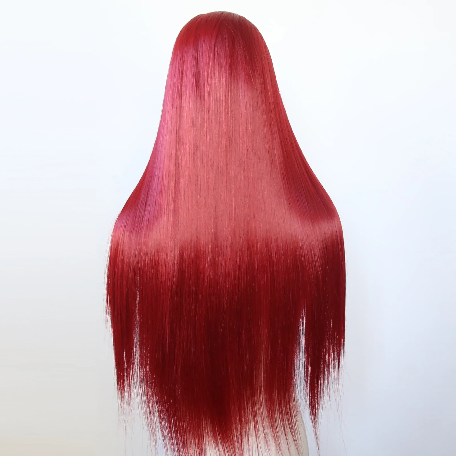 Peruca dianteira do laço sintético longa reta, cabelo fibra resistente ao calor, pré arrancadas, vermelho escuro, 13x4