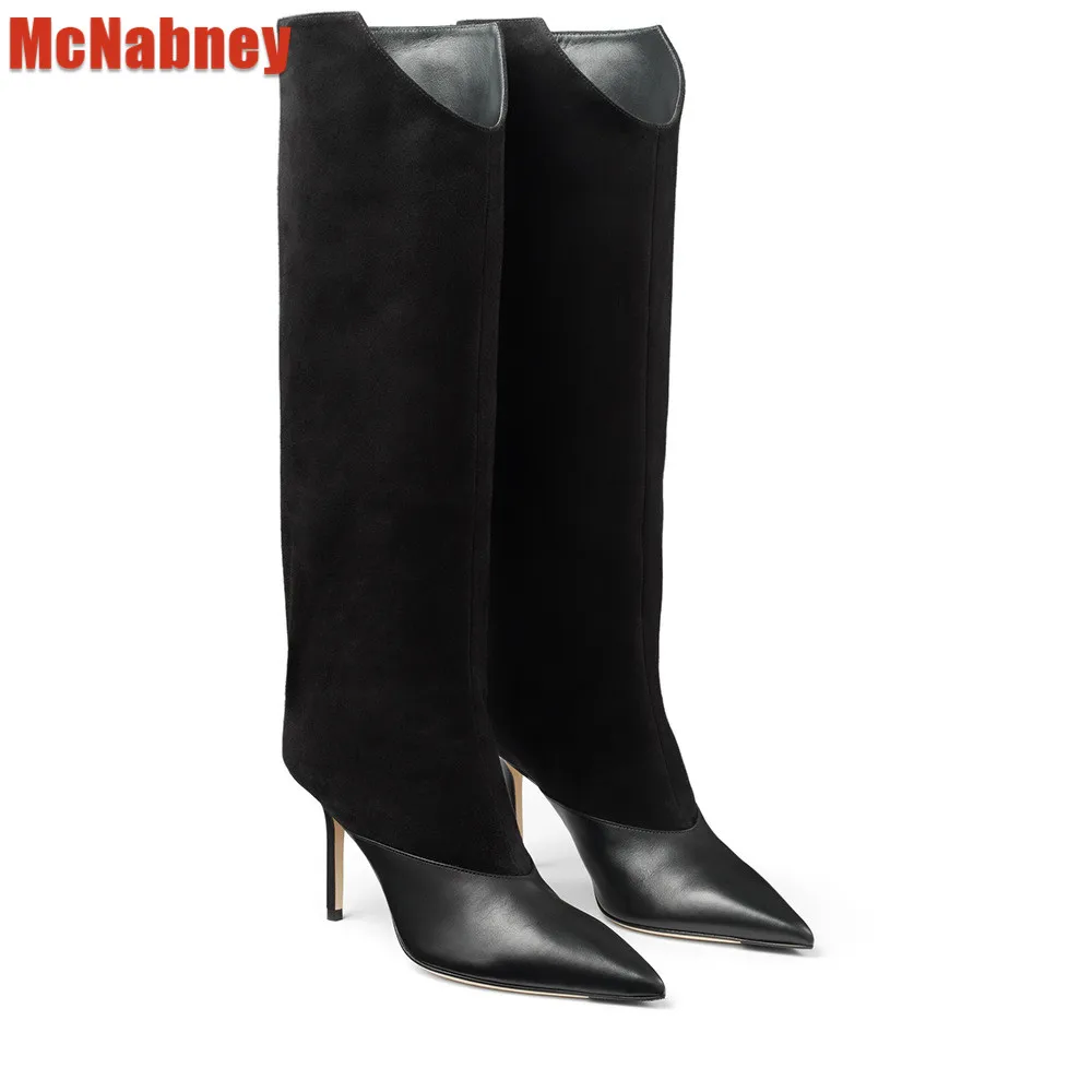 2023 Women's Pu High Heels Pointy Toe Stiletto Mid Knee Boots Women's New Winter Fashion Thigh High Suede Pumps Sexy Lady Shoes