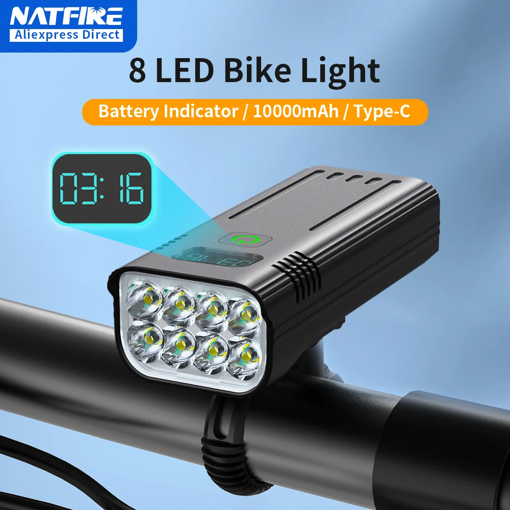 NATFIRE 10000mAh Bicycle Light with Battery Indicator USB Rechargeable Bike Light Set 8 LED Flashlight