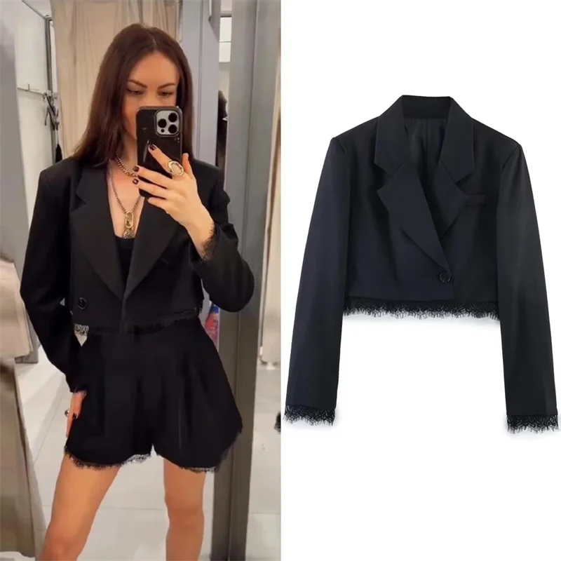 

Lace Trim Cropped Blazer Shorts Suits Women's Slim Full Sleeve Lapel Coats High-waist Short 2026 New Ladies Spring Solid Outwear