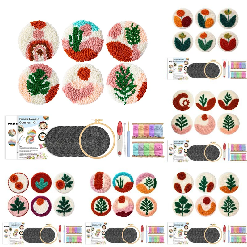 

GATYZTORY Punch Needle Coasters Kit for Beginners Adults 6pcs Flower Embroidery Punch Needle Kits Tufted Rug Punch Decoration