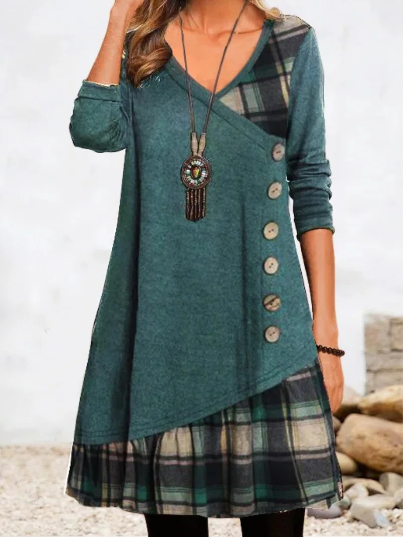 2022 Autumn Winter Fashion Elegant Cotton Button Patchwork Pullover Long Sleeves Dresses Women Retro Casual Plaid Stripes Robe 2