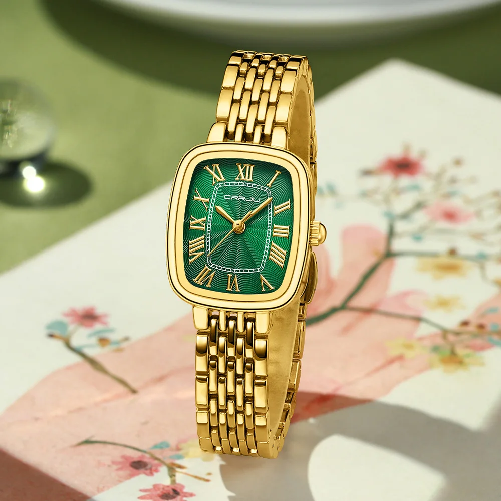 Gold Watches for Women with Vintage Rectangular Case,White Roman Dial,Stainless Steel Band,Adjustment Tool Included,Water Resist