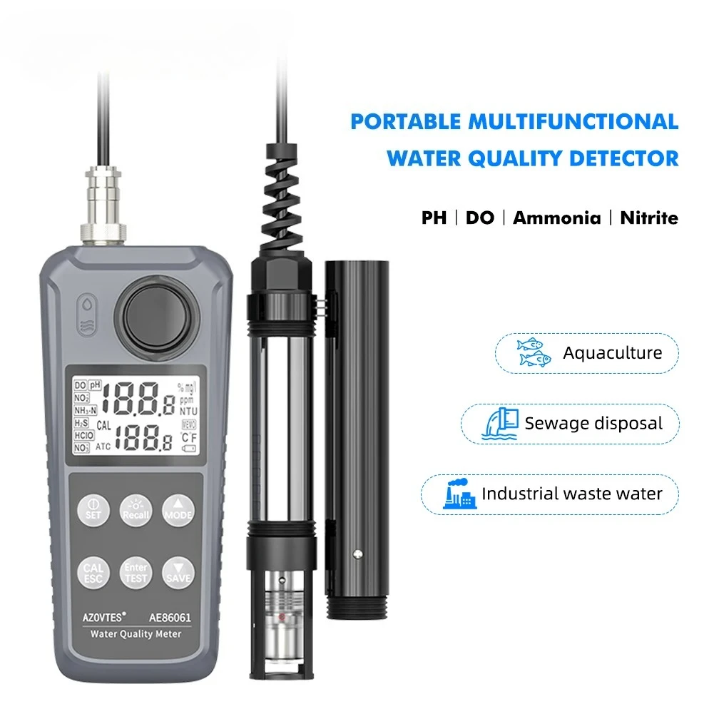 Medidor multiparámetro AE86061 DO/PH/Temp/Ammonia/Nitrita, medidor de oxígeno disuelto, Probador de Calidad del Agua para acuario, acuicultura, pecera
