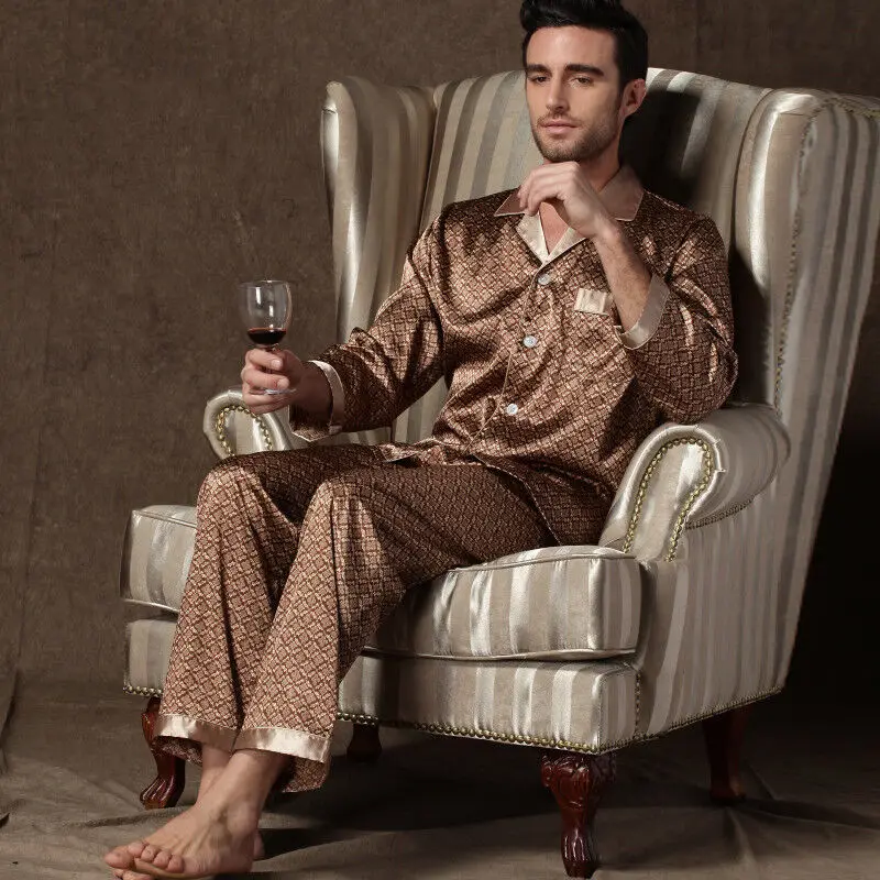 

Men's Casual Satin Pajamas Autumn Winter Long Sleeve Lapel Collar Tops & Pants Sleepwear 2 Piece Man Pyjama Loungewear Pj Sets