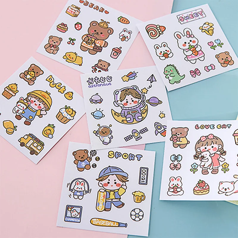 6 Sheets/Set Cute Cartoon Transparent PVC Sticker Water Cup Mobile Phone Scrapbook Notebook Decoration Kawaii Stickers