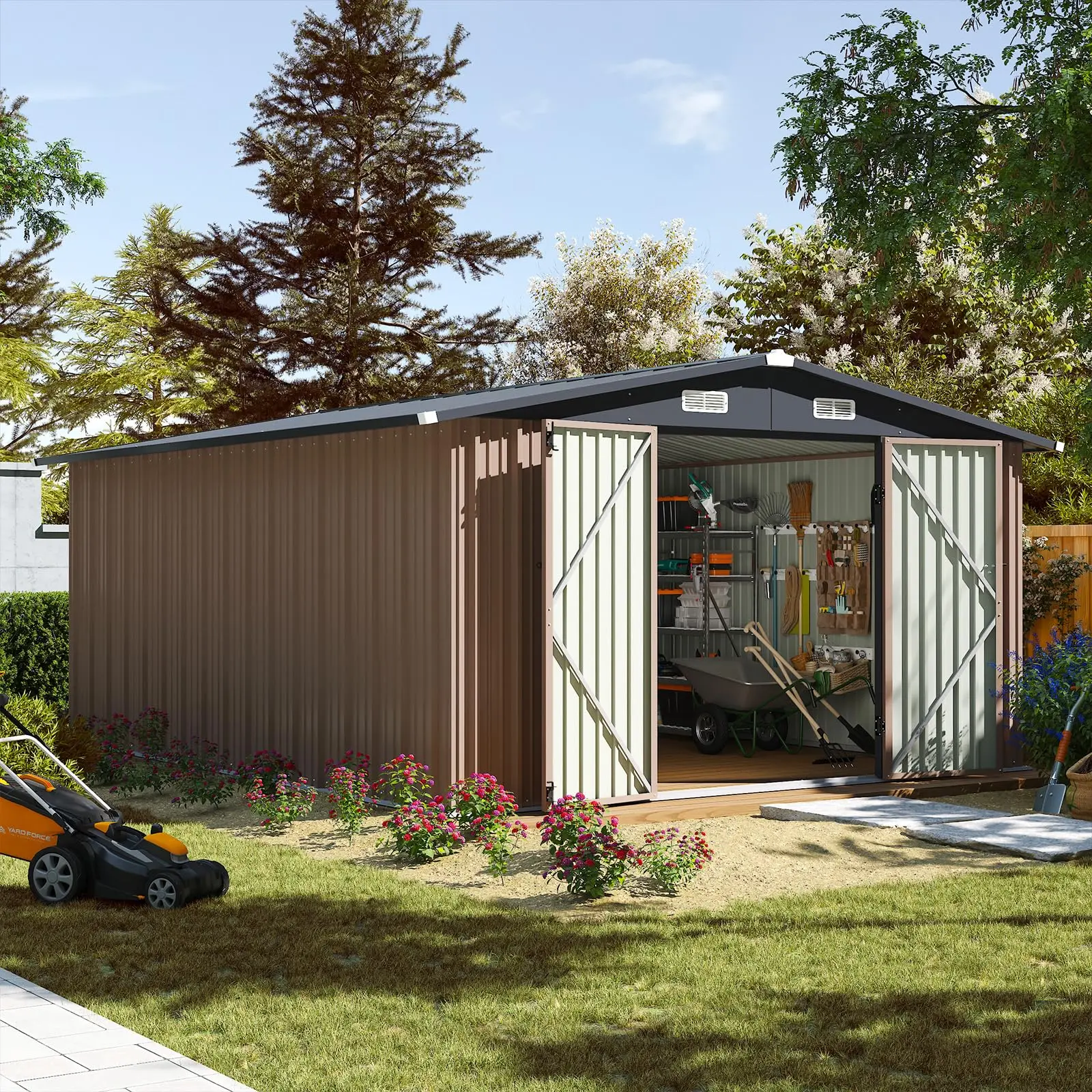 10 x 12FT Outdoor Storage Shed with Double Hinged Large Door, Brown | Utility Garden Shed with Lockable Door & Sloped