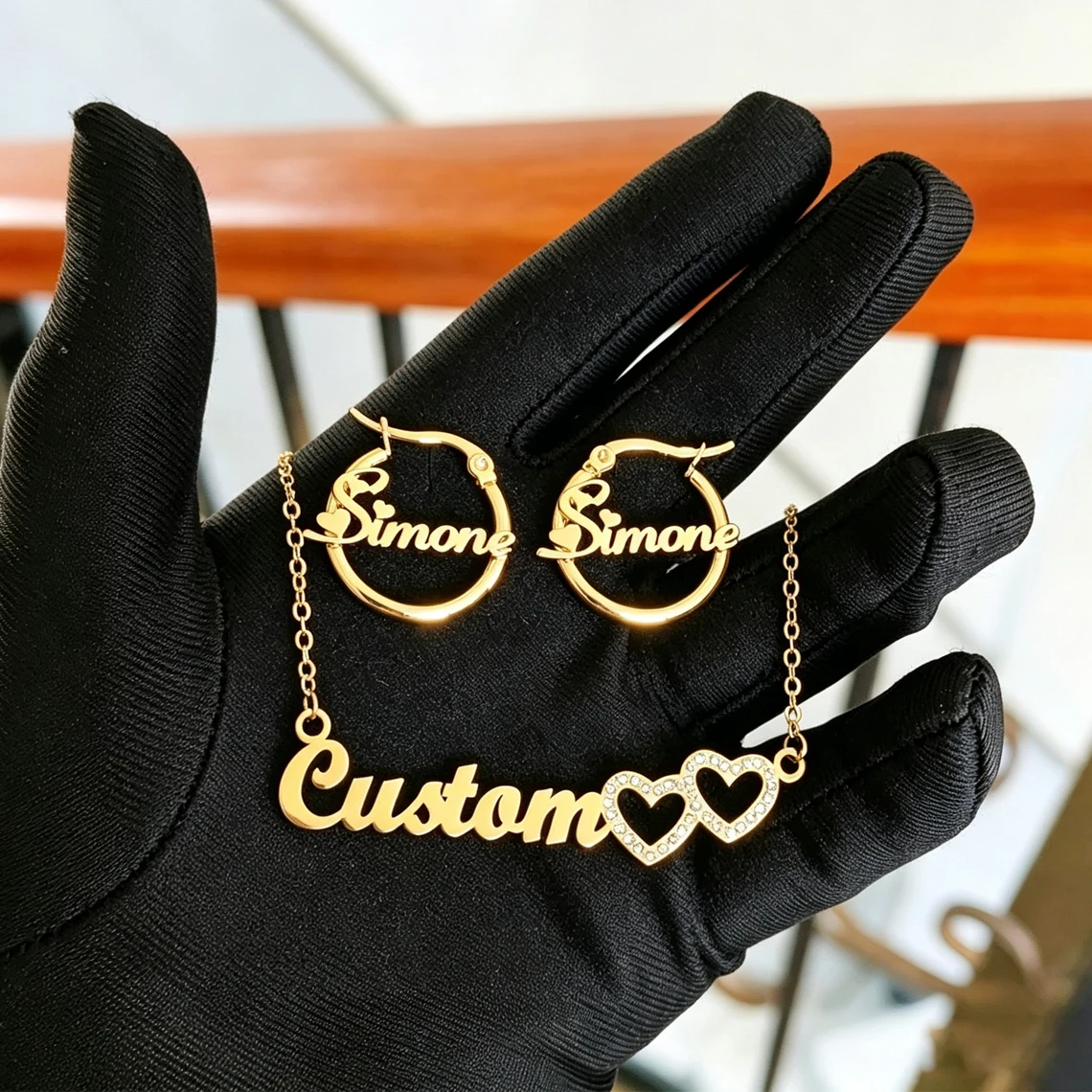 Custom Chileren's Name Necklace Earring Jewelry Set for Kid Baby Stainless Steel Custom Zircon Heart Set Birthday Christmas Gift