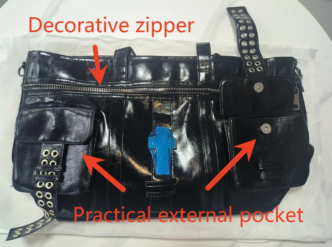 Vintage Distressed Tote Bag mit Kreuznieten, Große Unisex Umhängetasche, Reißverschluss-Handtasche aus Cracked PU für Damen – Detail 3
