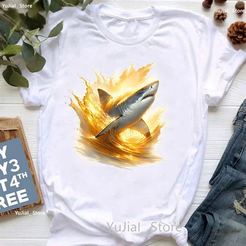 Golden Shark Printed T Shirt Women Clothes 2024 Summer Fashion Tops Tee Shirt Femme Harajuku Shirt Casual Funny T-Shirt Female