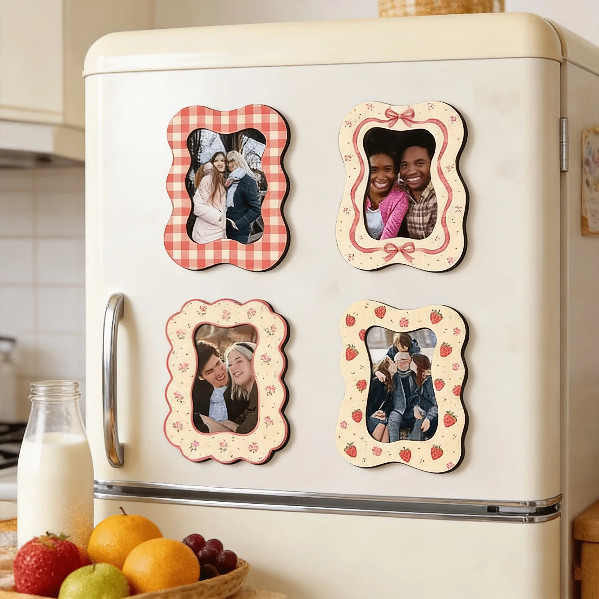 4 Pcs Boho Magnetic Photo Frames, Vintage Floral Plaid Semi‑Circle Vertical Frames for Fridge, Dorm, Classroom, Cabinet