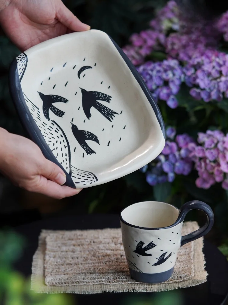 japanese-style-breakfast-set-ceramic-plate-dessert-plate-underglaze-coffee-cup-flying-swan-high-aesthetic-value-dinnerware-set