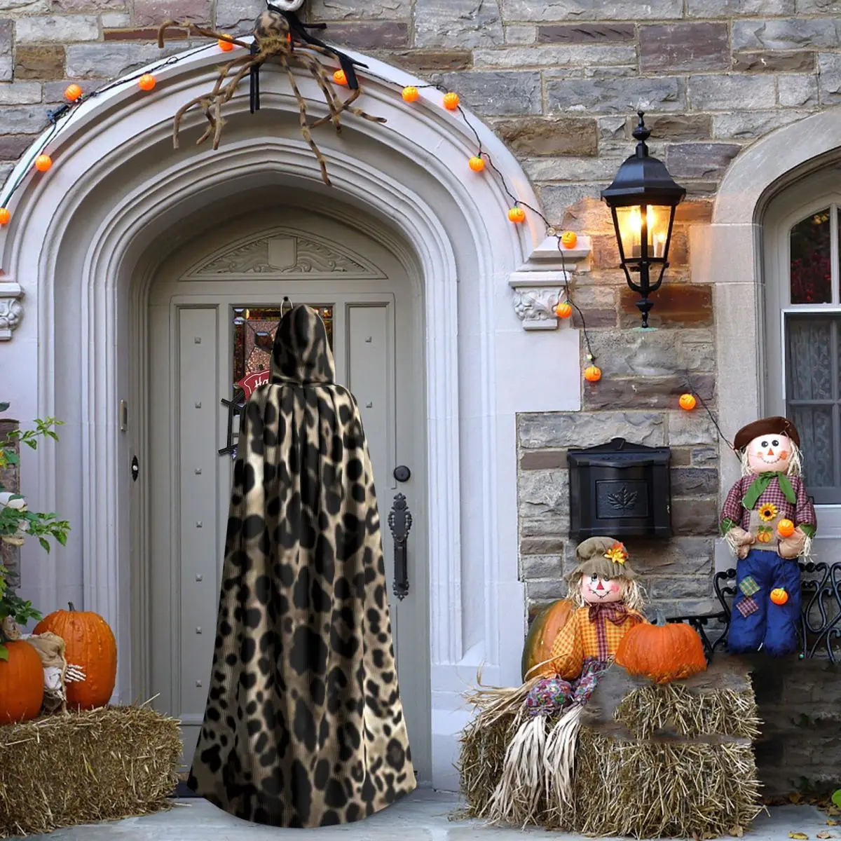 ليوبارد الجلد طويل مقنعين عباءة الساحرة القرون الوسطى زي تأثيري كيب هالوين حفلة الكبار للجنسين