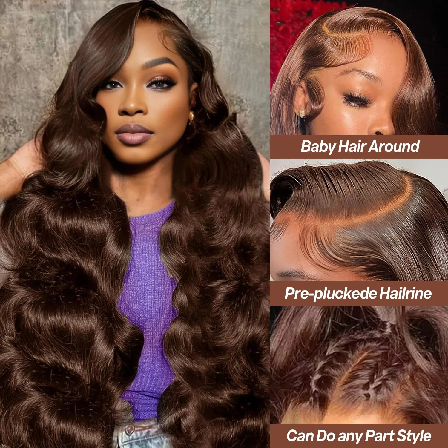 34 36 Inch Chocolate Brown Human Hair Wig 200 Density Body Wave Lace Front Wigs Human Hair Pre Plucked 13X4 Frontal Wig