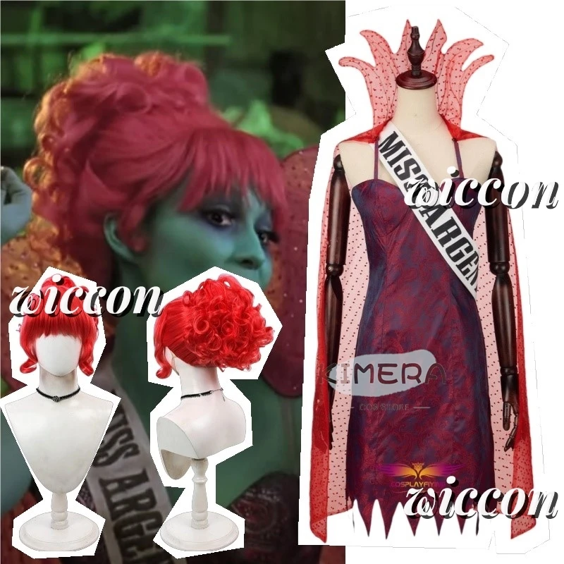 Movie Juice2Beetle Miss Argentina Red Dress Cosplay Costumes Suit Red Curly Wig Halloween Costumes For Women