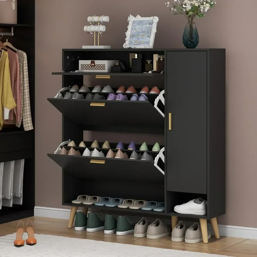 Shoe Storage Cabinet with 2 Flip Drawers & Side Cabinet, Narrow Shoe Cabinet with Doors, Hidden Shoe Storage