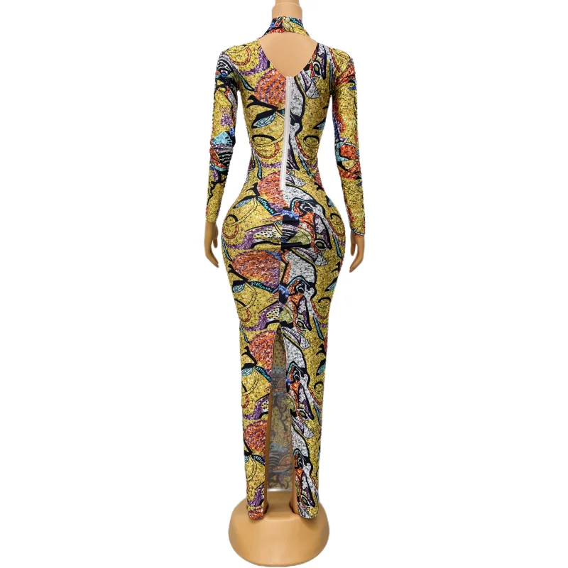 Women Printed Colorful Rhinestones Tight Long Dress Fashion Prom Birthday Party Evening Celebrate Gown Stage Performance Costume