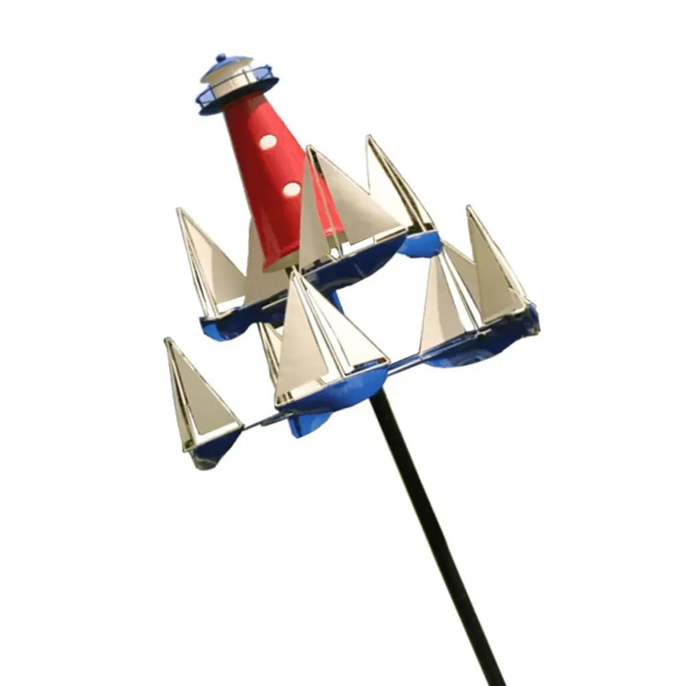 Sailing Garden Stake Windmill Ground Plug Iron Rotating Landscape Pinwheel Lawn Ornament Yard Art Perfect Gifts for Patios Lawn