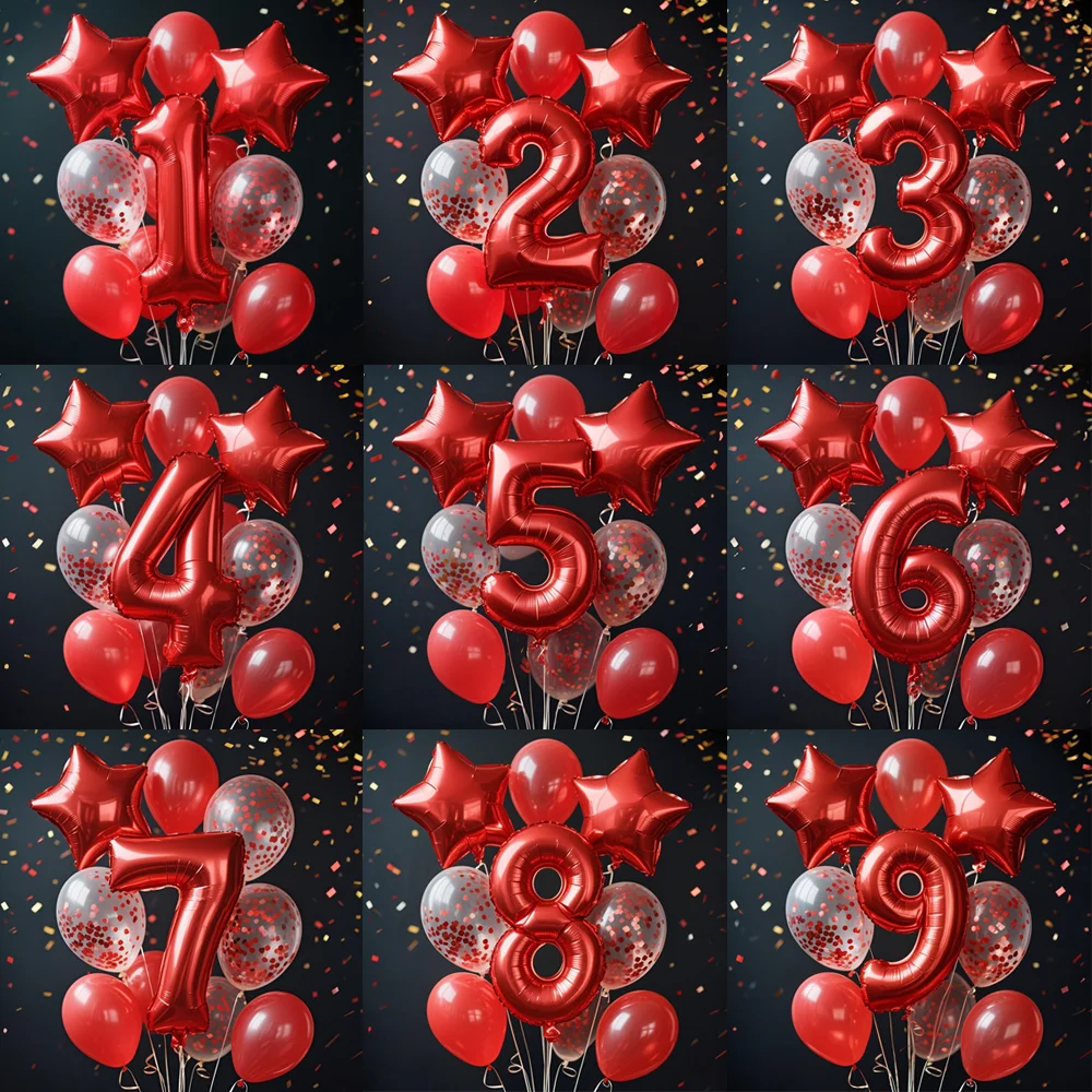 

Number 0-9 Birthday Party Red Balloon Decoration Set Pentagram Aluminum Foil Balloons Digital Balloon Red Paper Scraps Ballon