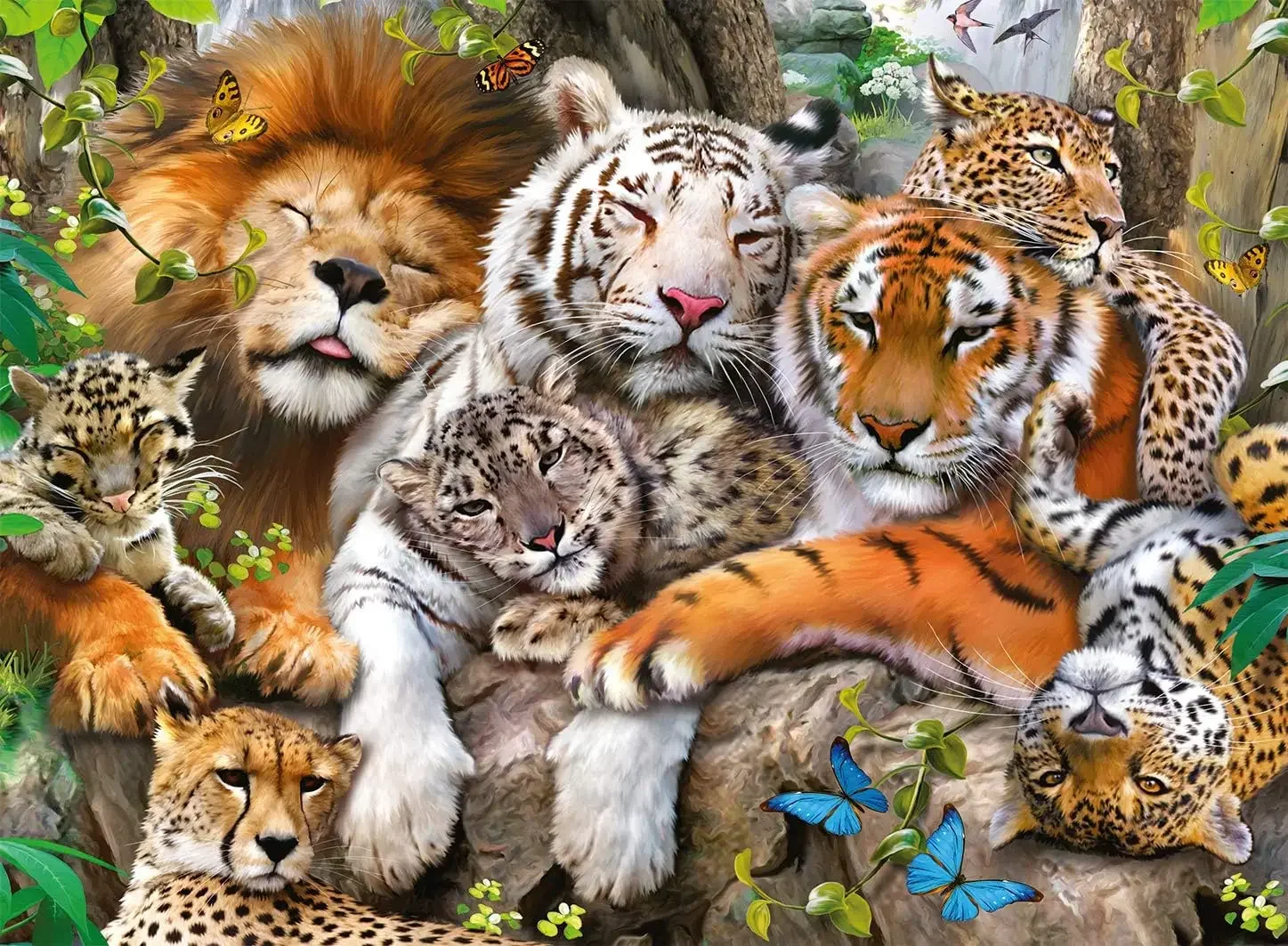 Big Cats Family Jigsaw Puzzle – Lion, Tiger, Leopard & Cheetah Nap Scene, 500/1000/1200/2000Pcs,Paper Art for Home Decor & Gifts