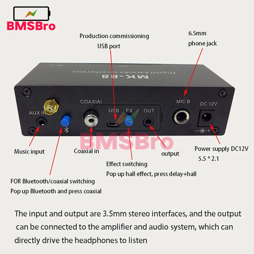 MK-88 Digital Karaoke Microphone Reverberator Reverb Preamplifier Bluetooth Coaxial Decoder AUX USB DC 12V for TV Home Theater