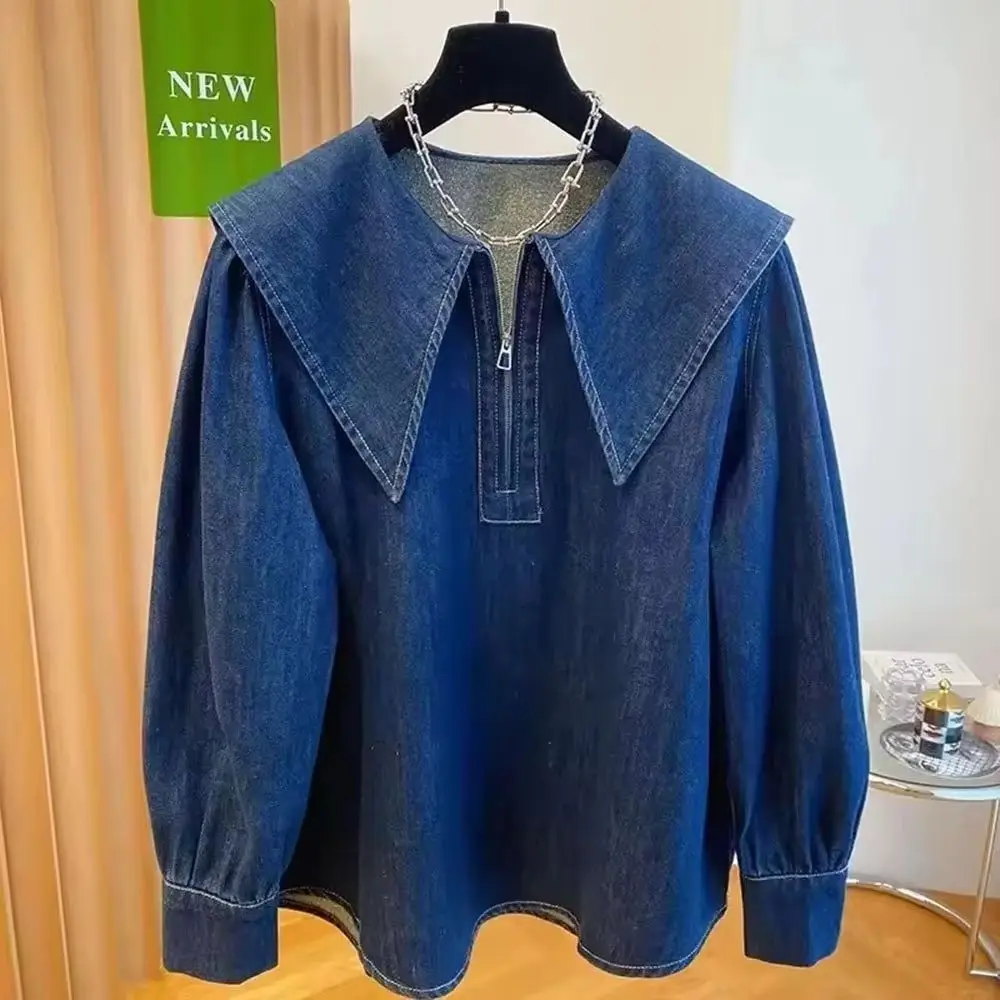 

Модная женская джинсовая рубашка синего цвета на весну-осень 2026 года, с длинным рукавом, в корейском стиле, повседневная, универсальная, свободного кроя, элегантная блузка, женский топ