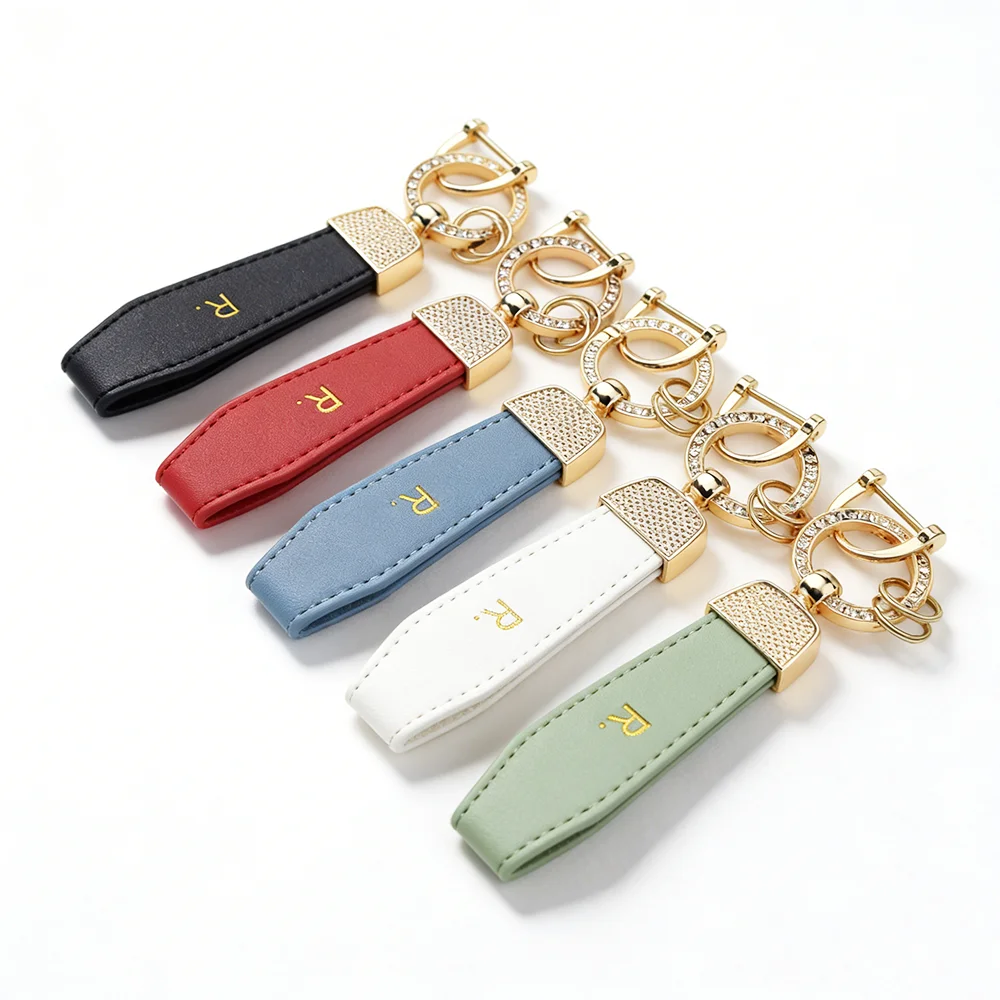7 Colors Stylish Leather Keychain with Bling Rhinestone Buckle Key Fob Pendant Car/Bag Decoration Accessories for Women and Men