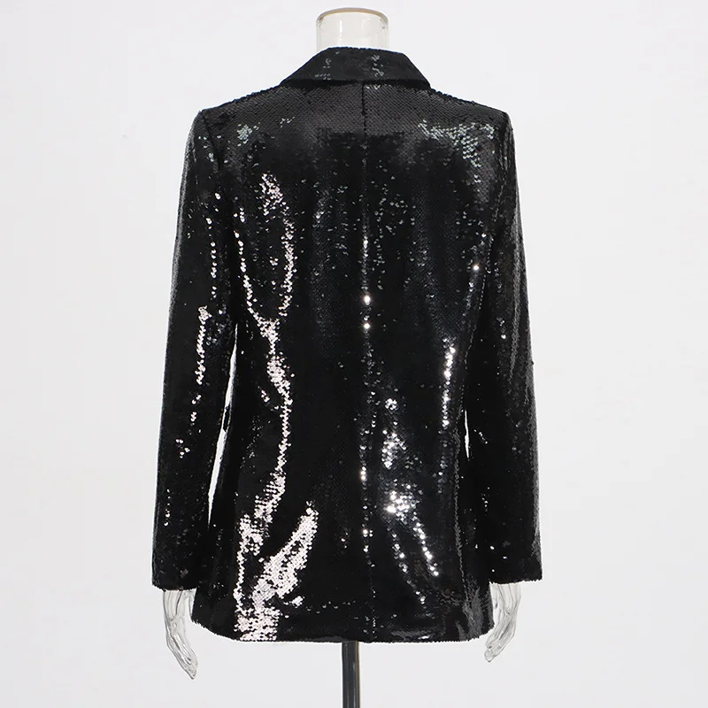 우아한 스팽글 디자인 블레이저 여성용 싱글 버튼 긴 소매 모아진 허리 맞는 재킷 여성 코트 패션 2025 새로운 얇은