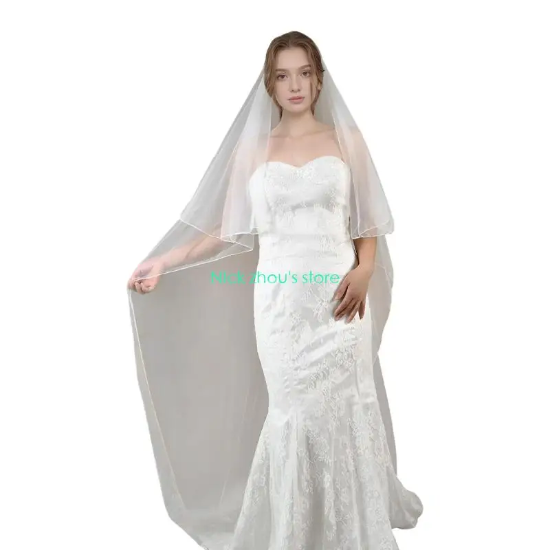 E15E غطاء رأس زفاف من التول خفيف الوزن مع مشط شعر آمن وقابل للتنفس، إكسسوار زفاف طويل باللون الأبيض #4