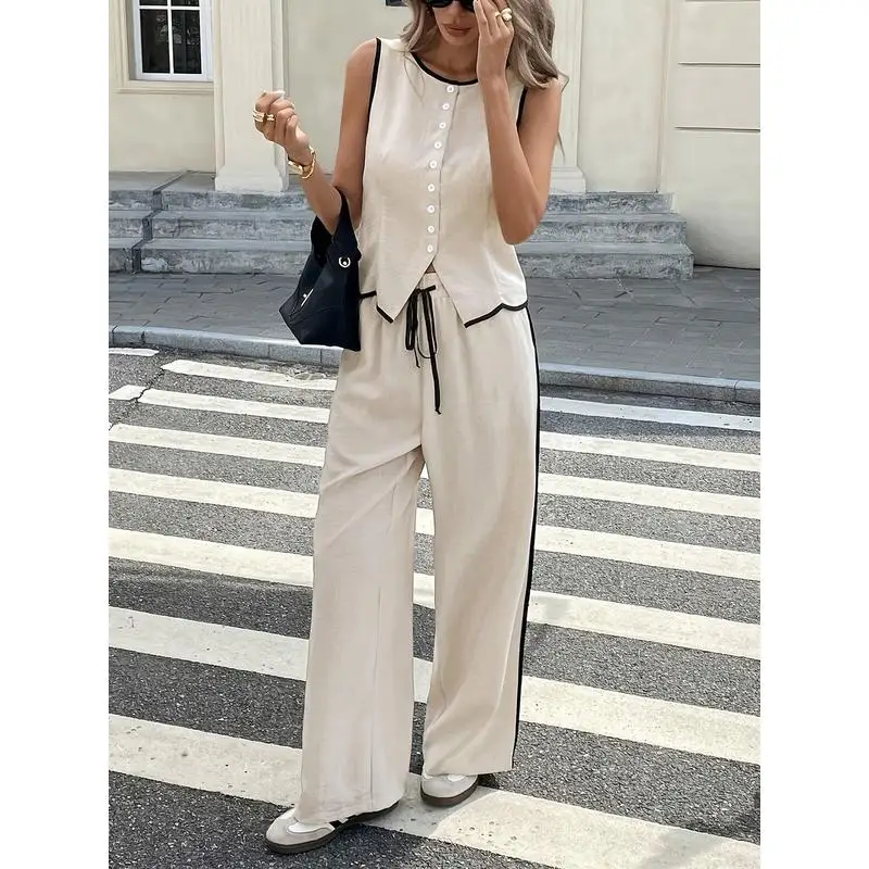 Sommer Damen Farbe Blo Svel Single Button Weste und Kordelzug Hosen Set Faionable Damen Ensemble Lange Hosen