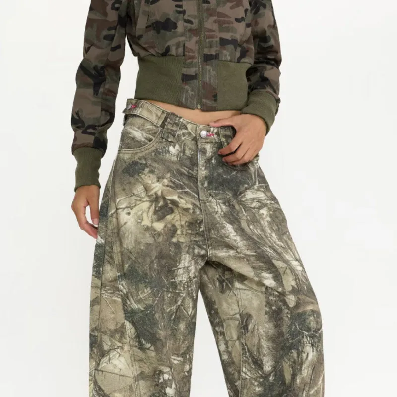 ANJY Autumn New Women American Letter Embroidery Chic Camouflage Cargo Denim Pants Streetwear Loose Casual Wide Leg Jeans A15074